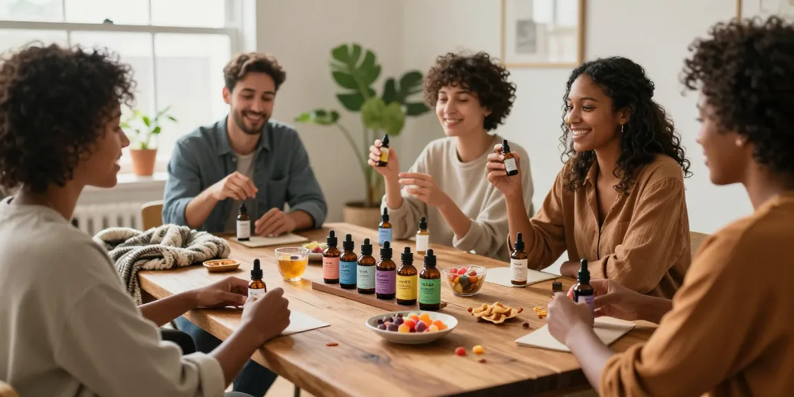 Gathering showcasing a Canadian CBD brand with friends sampling organic products in a warm home atmosphere.