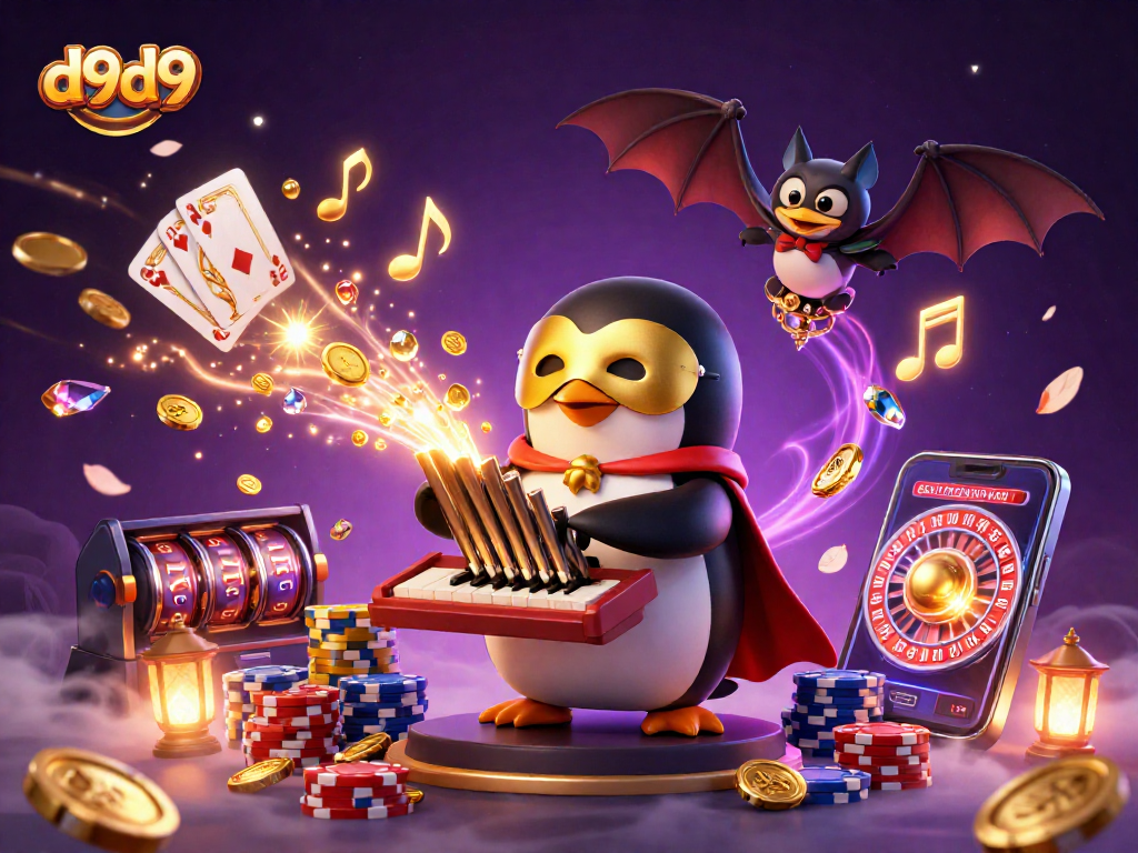 Dahil sa d9d9, naglalaro ang penguin sa organ habang umaabot ang ginto't simbolo sa kapaligiran.