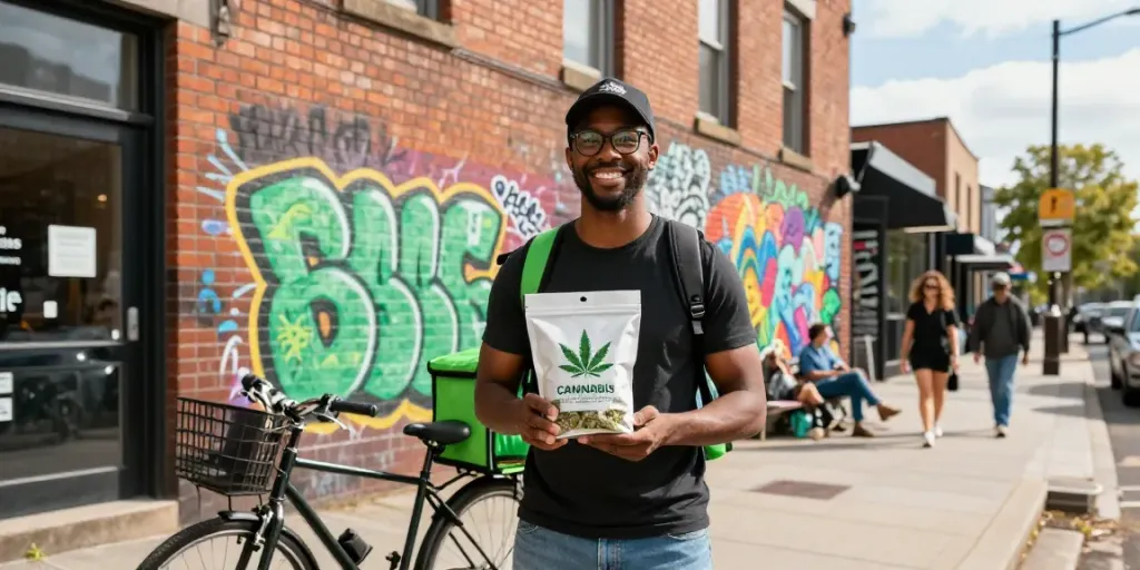 Cannabis delivery person in Newcastle standing with delivery bag in vibrant urban setting