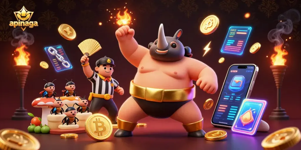 Experience thrilling action in apinaga with a 3D sumo beetle champion and flying coins.