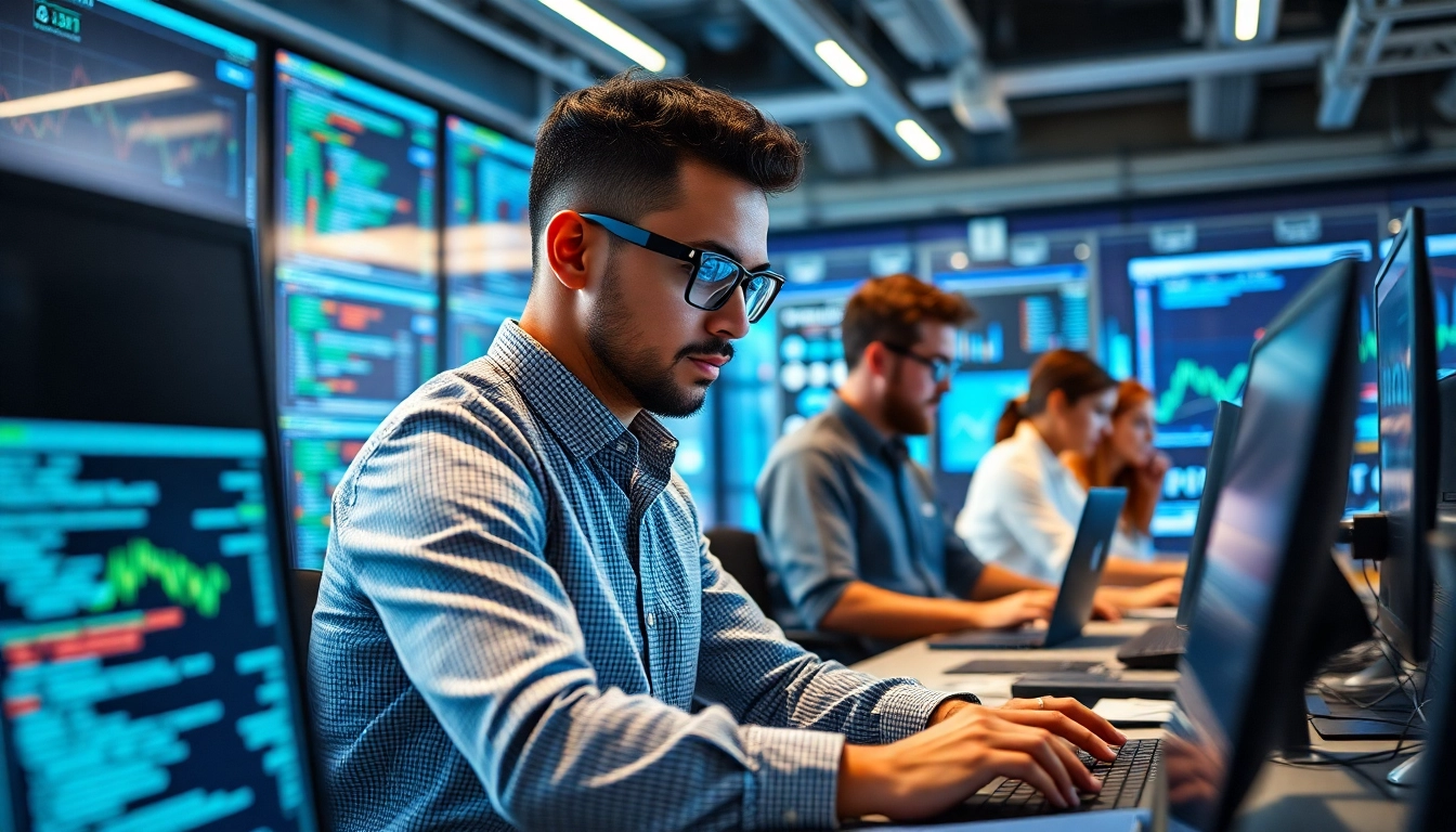 EORMC AI blockchain developer collaborating in a modern tech workspace.