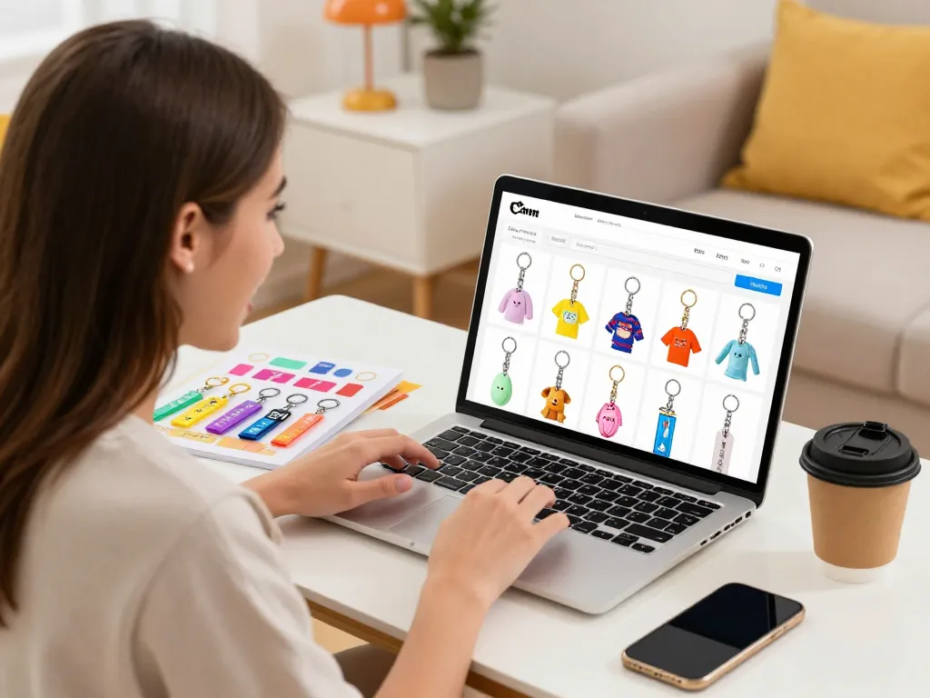 Engaging scene of a woman browsing custom key chains online, highlighting personalized accessories and vibrant colors.