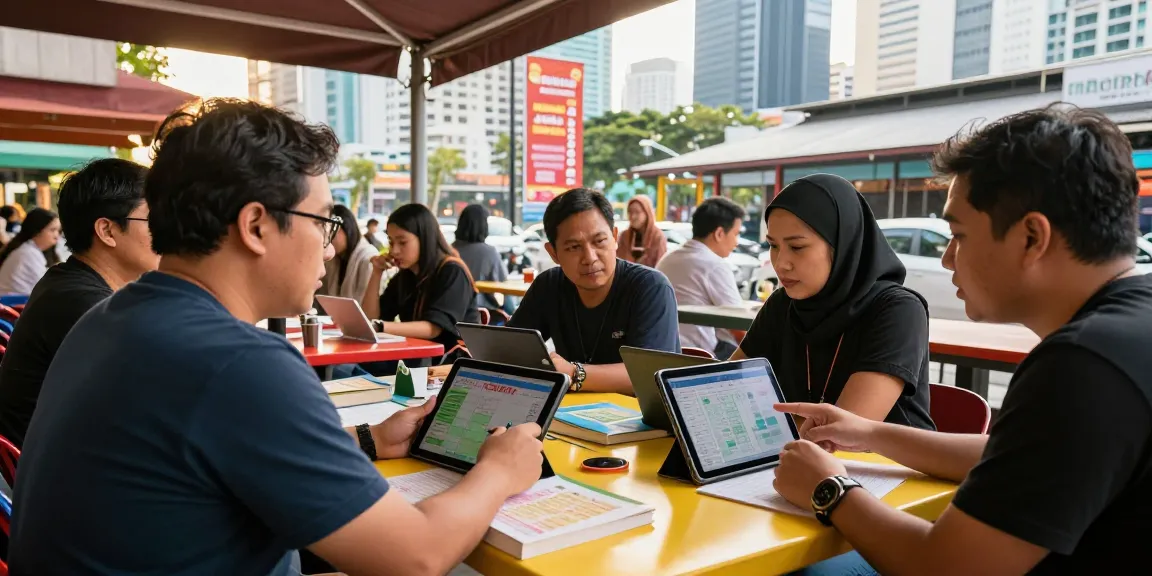 Diskusi seru tentang syair menang di kafe luar ruangan dengan latar belakang kota.