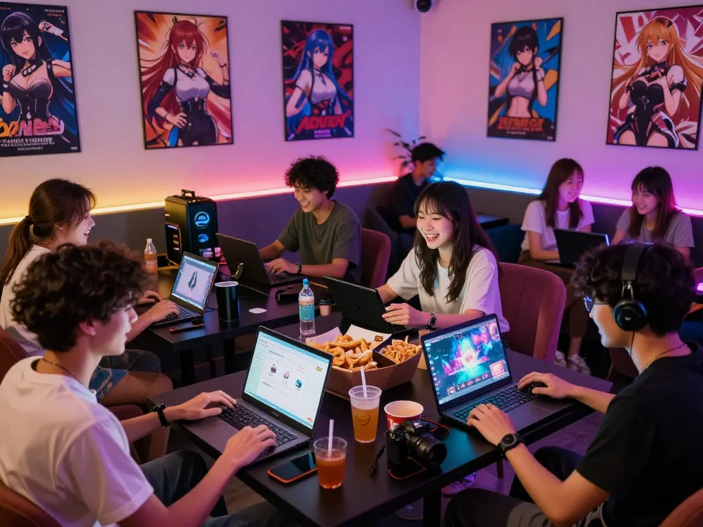 Group enjoying online sex games in a vibrant gaming lounge with colorful lighting.