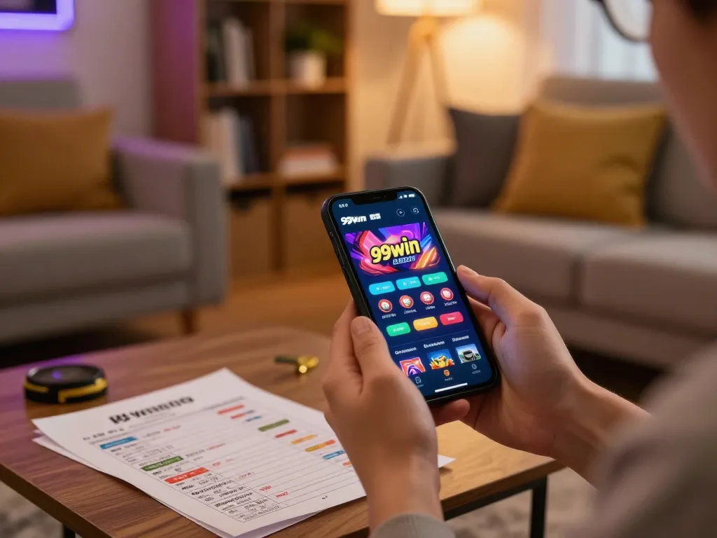 Player using 99win app on smartphone for strategic gambling in a cozy home setting.