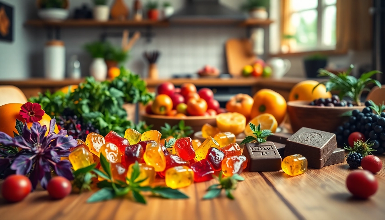 Creating delicious cannabis edibles with colorful gummies and chocolates on a wooden table.