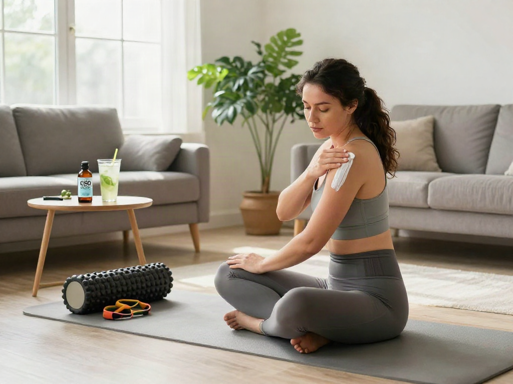 Muha meds CBD oil and topical used in post-workout wellness recovery scene.