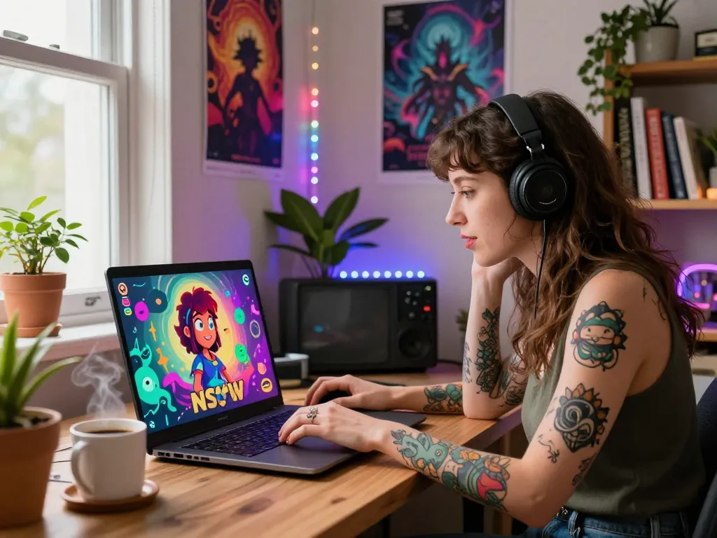A vibrant scene of a woman engaged in NSFW character chats on her laptop, surrounded by colorful art and cozy atmosphere.