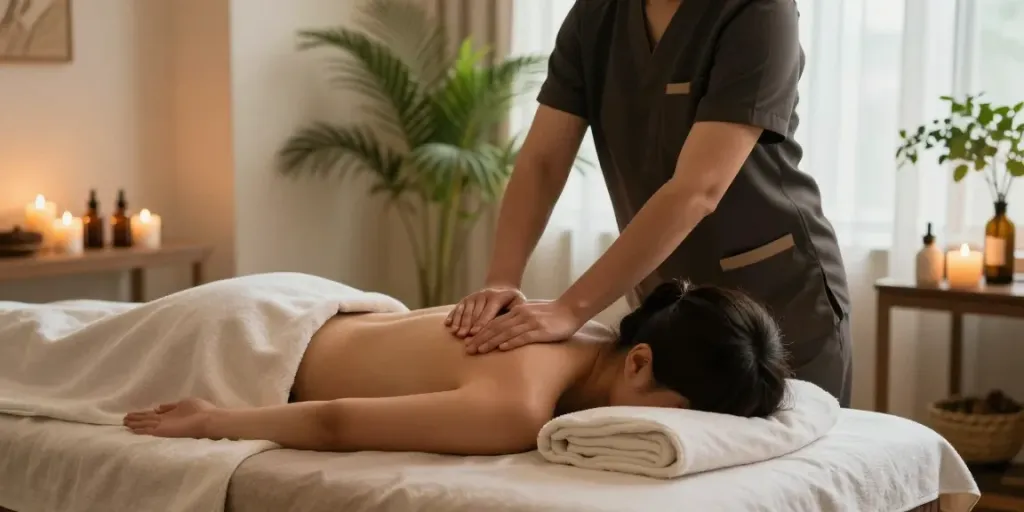 Relaxing 천호동출장마사지 scene with a therapist and tranquil spa setting.