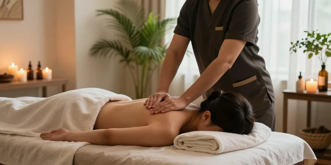 Relaxing 천호동출장마사지 scene with a therapist and tranquil spa setting.