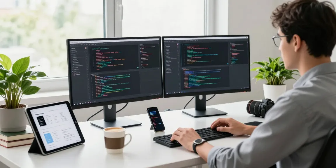 Explore telegram中文版下载 in a modern tech workspace with a developer coding on multiple screens, showcasing innovative software development.