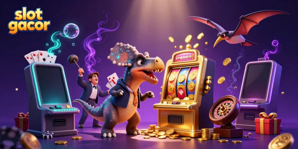 Experience the excitement of slot gacor with a cartoon pachycephalosaurus winning big at a slot machine!