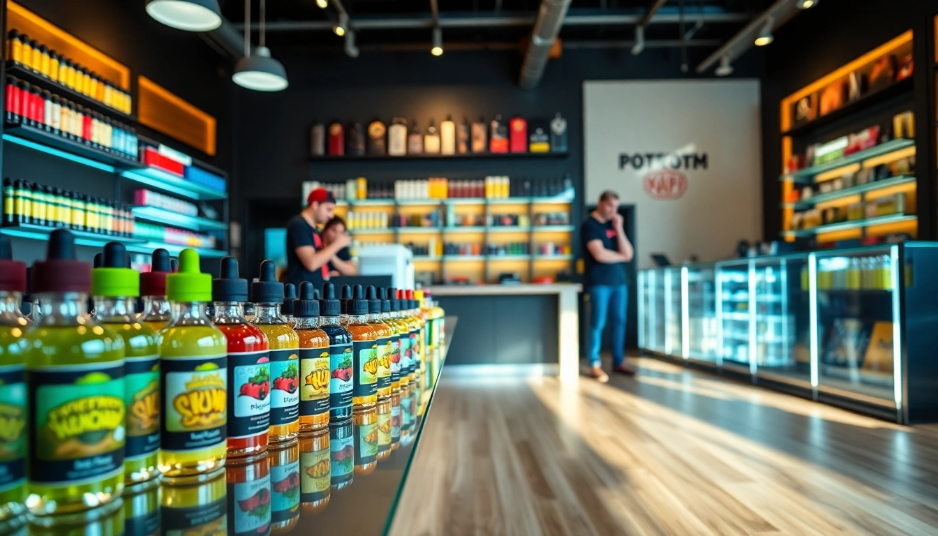 Explore Vape & E-Liquids showcased in a modern vape shop with vibrant bottles