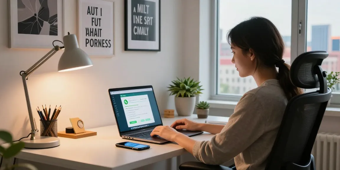 Experience WhatsApp電腦版 in a stylish home office setup with a laptop, smartphone, and urban view.