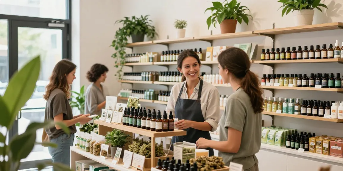 Besucher im CBD Shop, hochwertige Produkte in einladendem Umfeld entdecken.