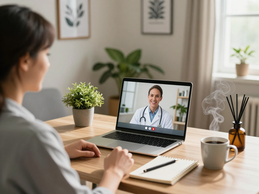 Patient consulting online for a Medical marijuana card with a friendly doctor in a cozy home office.