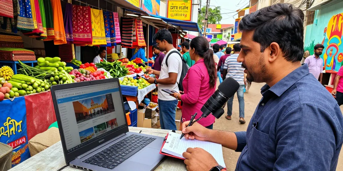 Vibrant journalist reporting live from Indian street featuring https://www.theindaily.com news portal background.