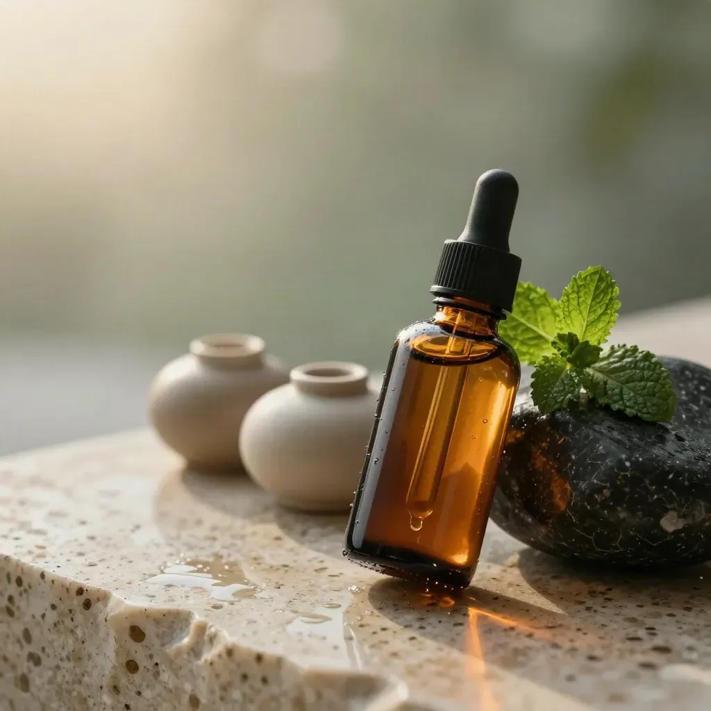 Amber CBD oil bottle with mint, stone and ceramic vessels on rain-damp travertine at dawn