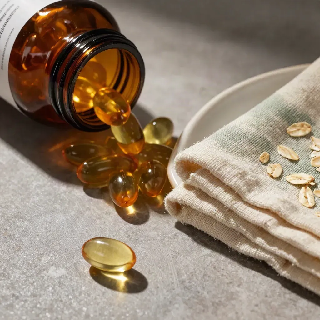 Amber CBD softgels beside a ceramic dish and folded cloth in soft raking light.