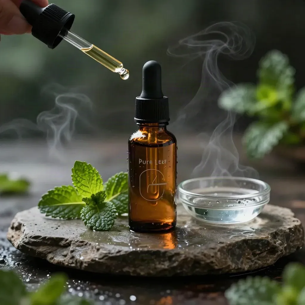 Amber tincture bottle with mint leaves and a glass dish on wet stone, a drop hanging at the pipette tip.