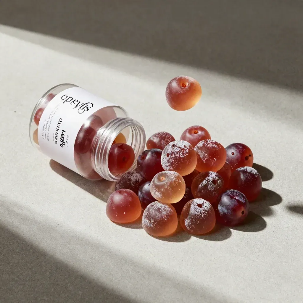 Overhead flatlay of an unlabeled jar tipped with berry gummies and sugar-dusted pieces on pale concrete.