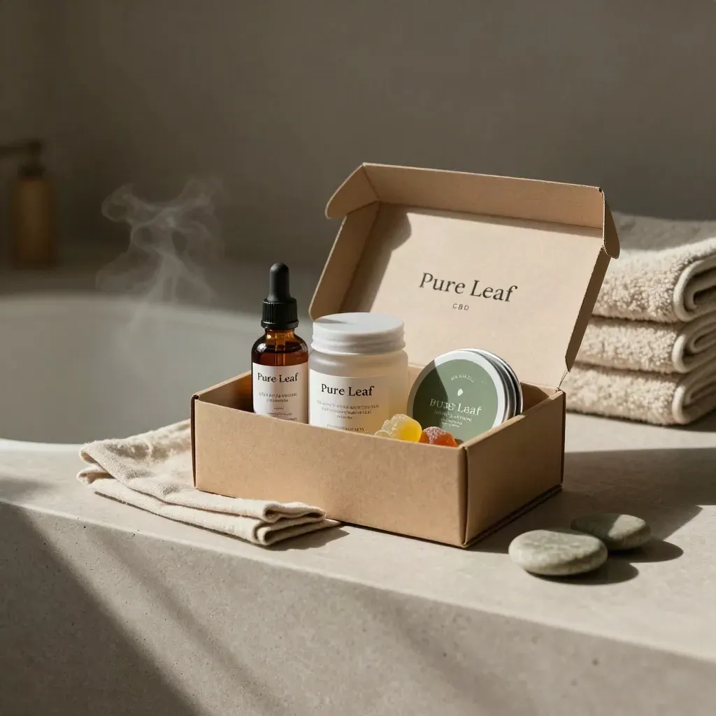 Open CBD starter set with oil, gummies and balm spilling from a kraft box on a stone tray