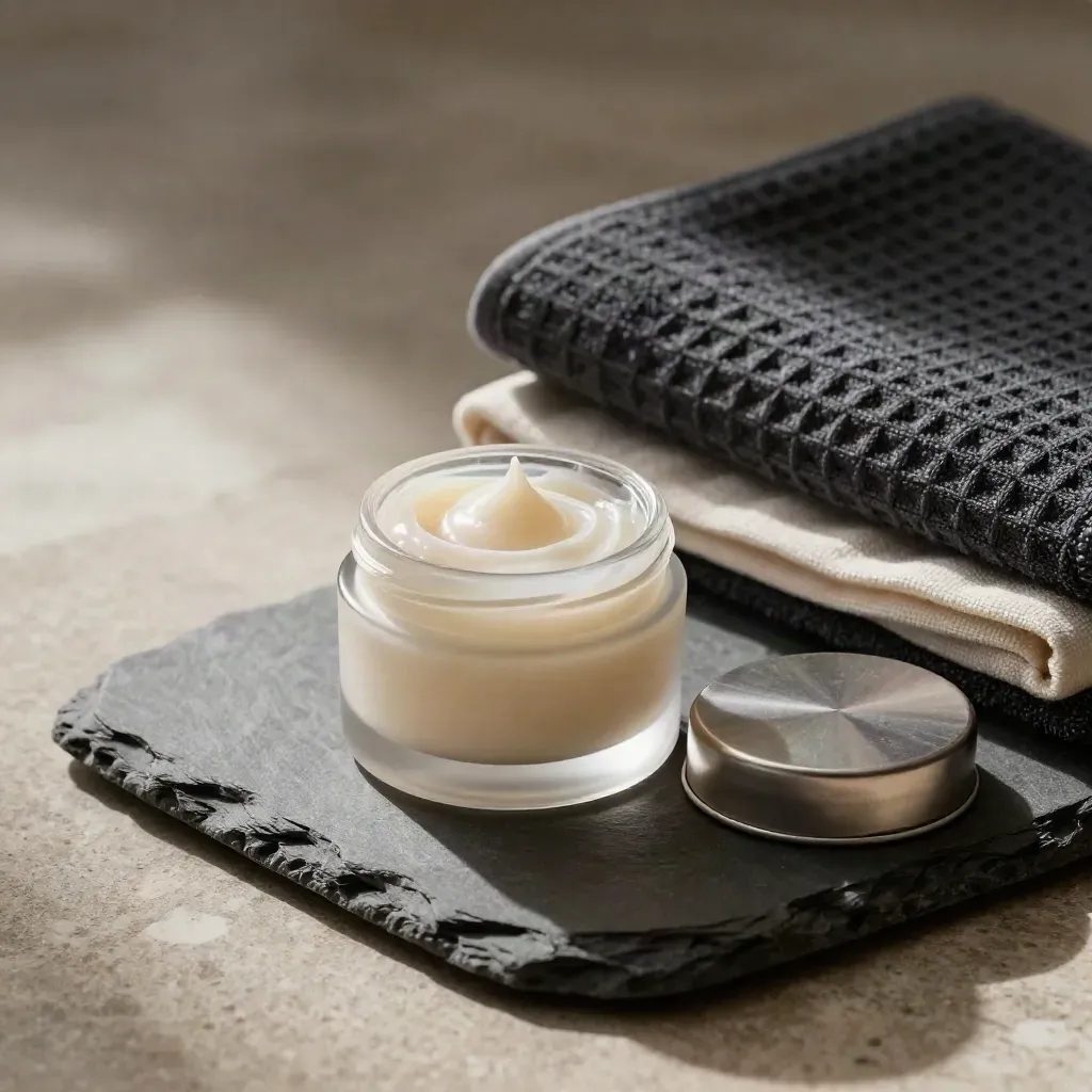 Open balm jar on slate with towel and soft recovery light