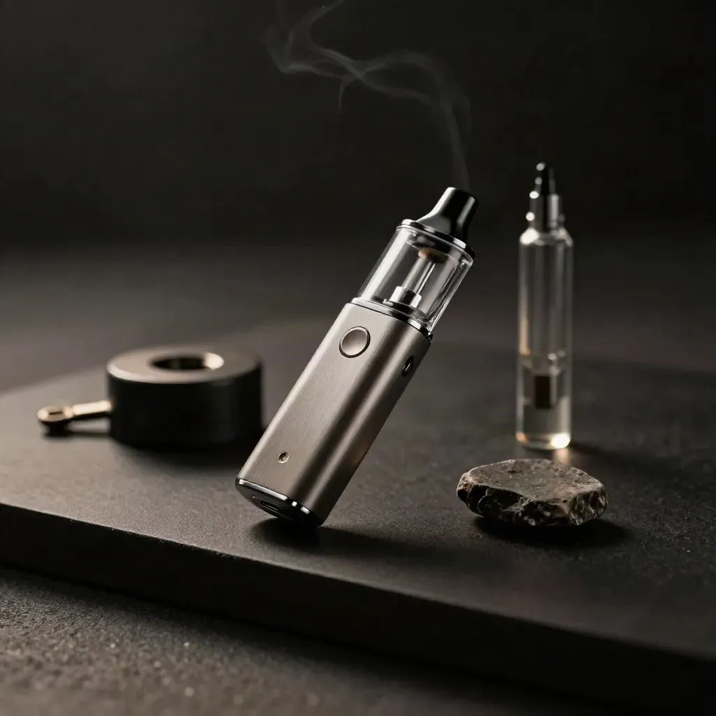 Unbranded vape pod leaning forward with vapor on a dark studio surface