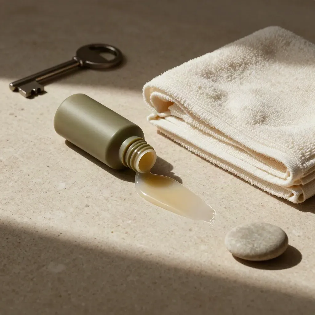 Unlabelled recovery roll-on, towel, pebble and glossy balm streak on pale stone