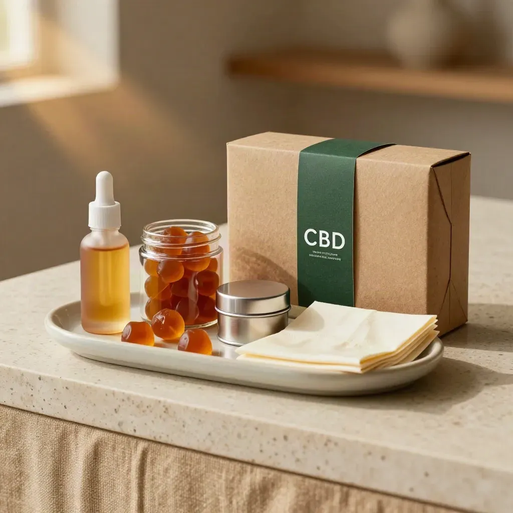 Luxury CBD gift set with oil, gummies and balm on travertine in warm golden light.