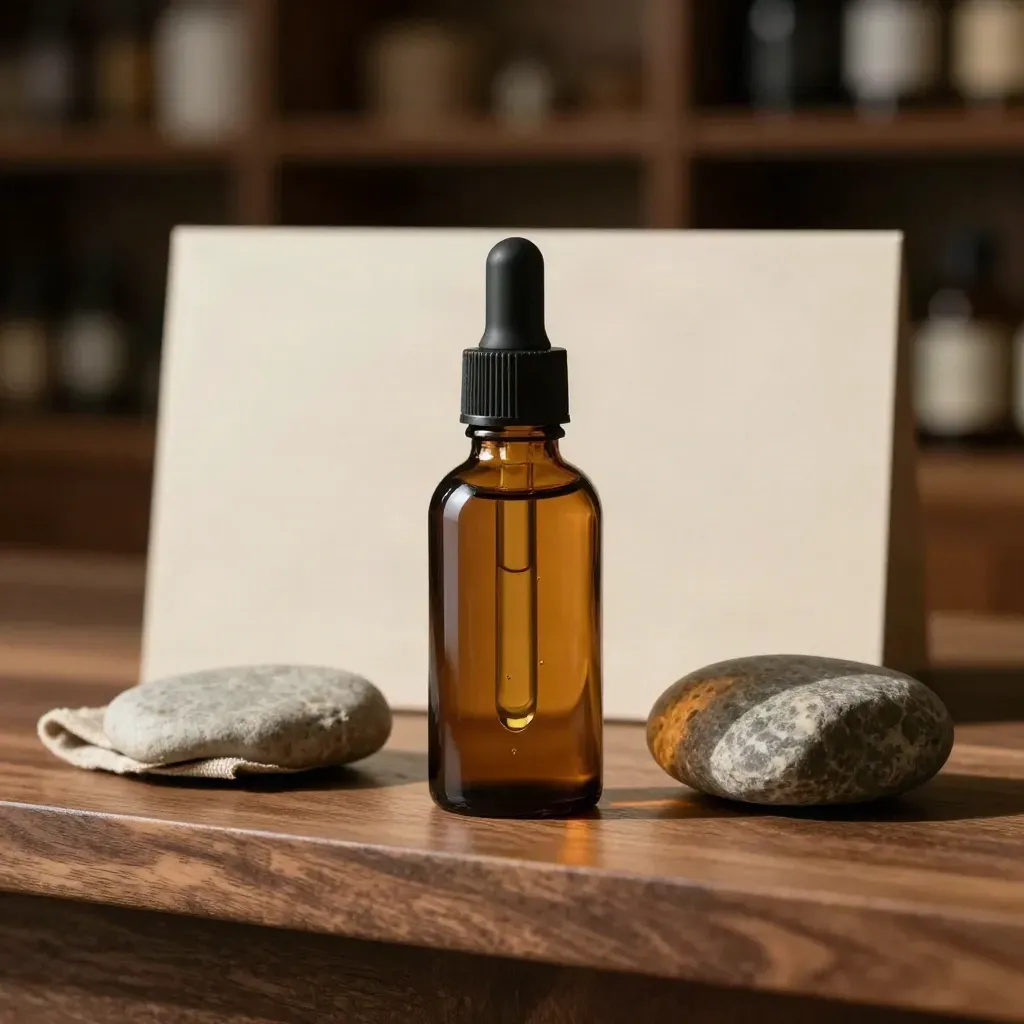 Amber CBD dropper bottle with stones and folded cloth on a walnut shelf
