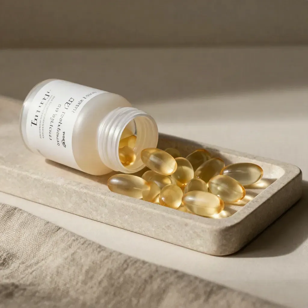 Macro of cream softgels settling beside an unlabelled bottle on a pale tray with linen.