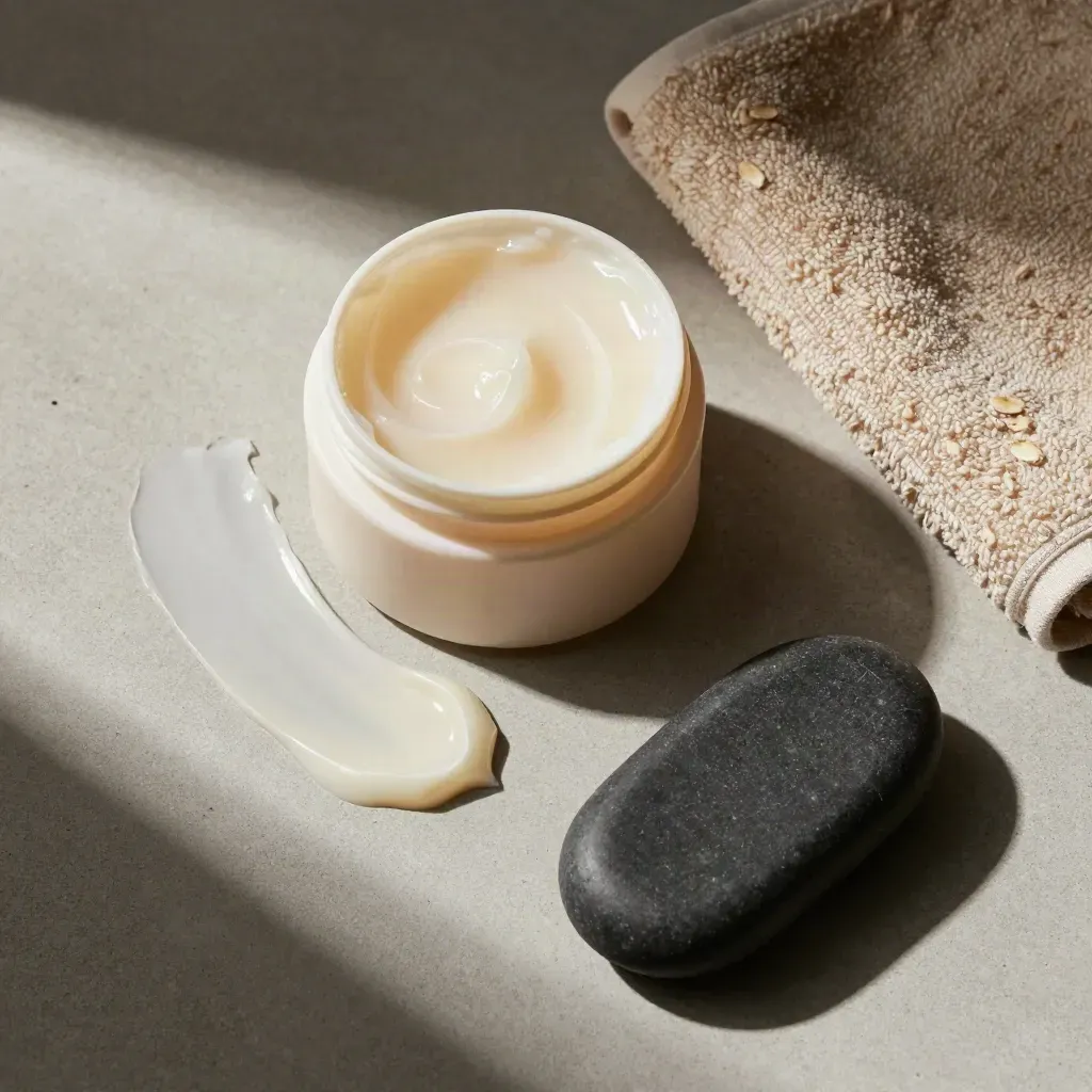 Overhead flatlay of an open muscle balm jar with towel edge and charcoal massage stone.