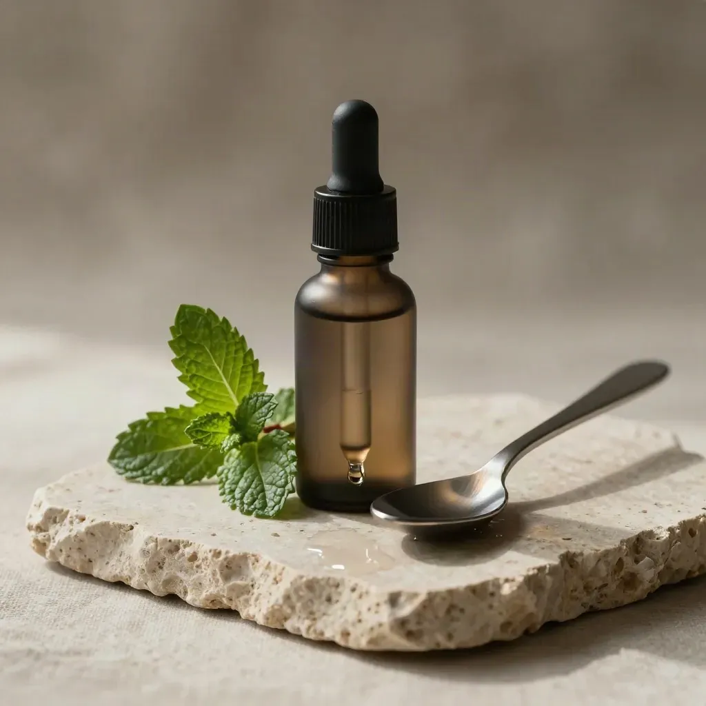 Peppermint tincture bottle with mint leaf, stone, and glass spoon in soft natural light