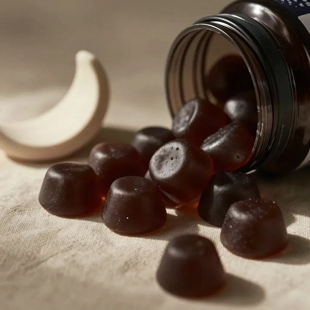 Dark gummies spilling beside a matte jar, linen fold, and ceramic crescent in macro light.