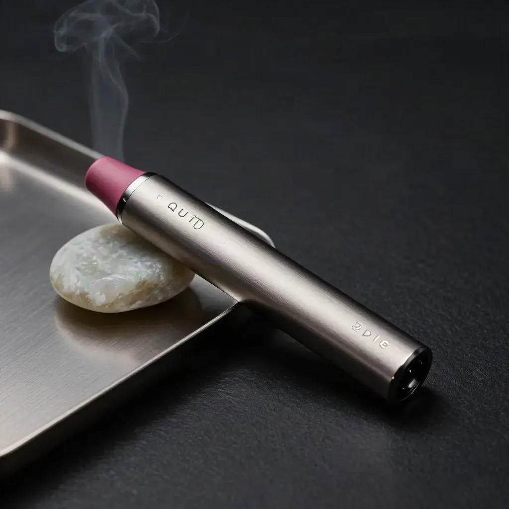 Extreme macro of a disposable strawberry vape pen on dark metal with pale stone and vapor