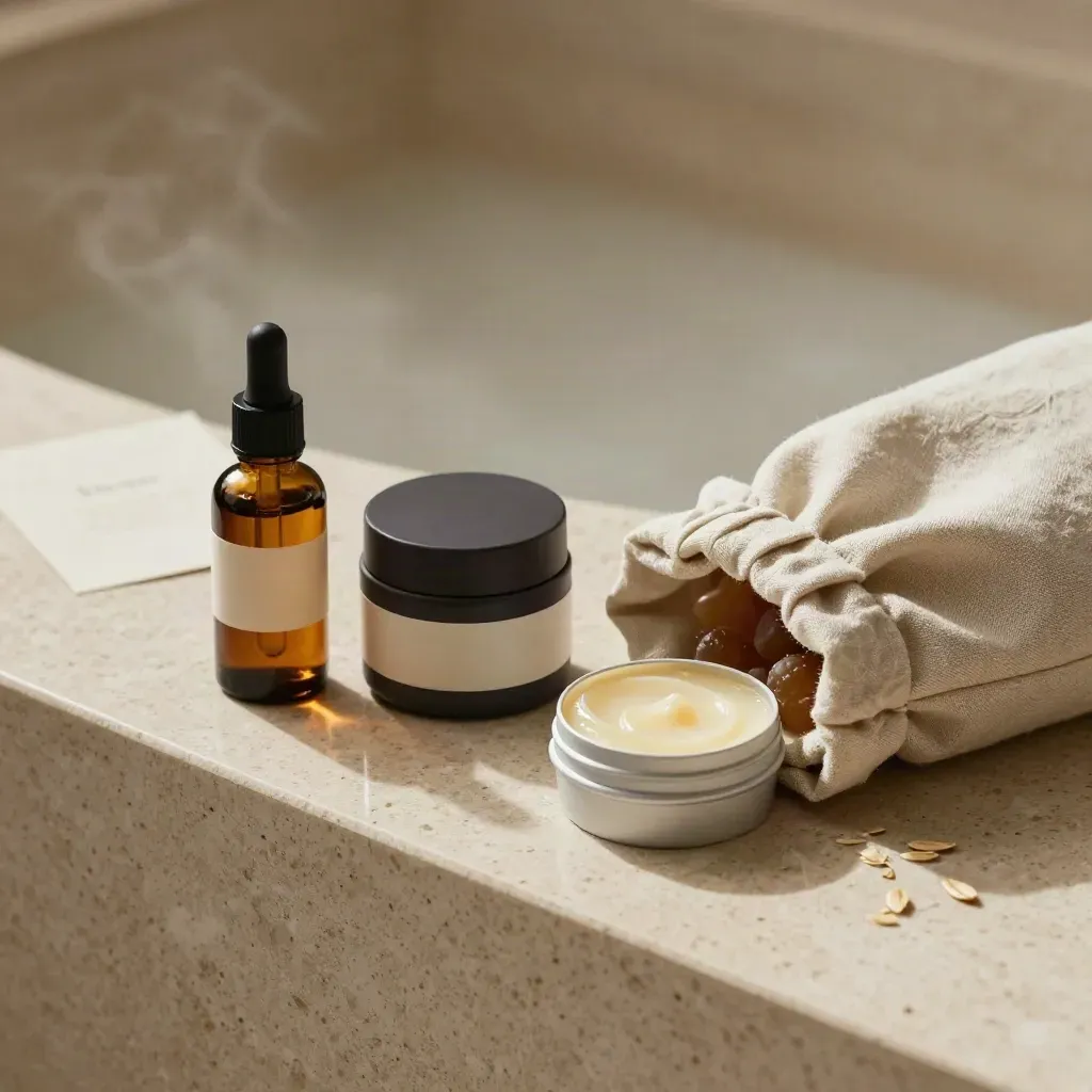 CBD starter kit with oil, gummies, balm, and folded cloth on travertine.