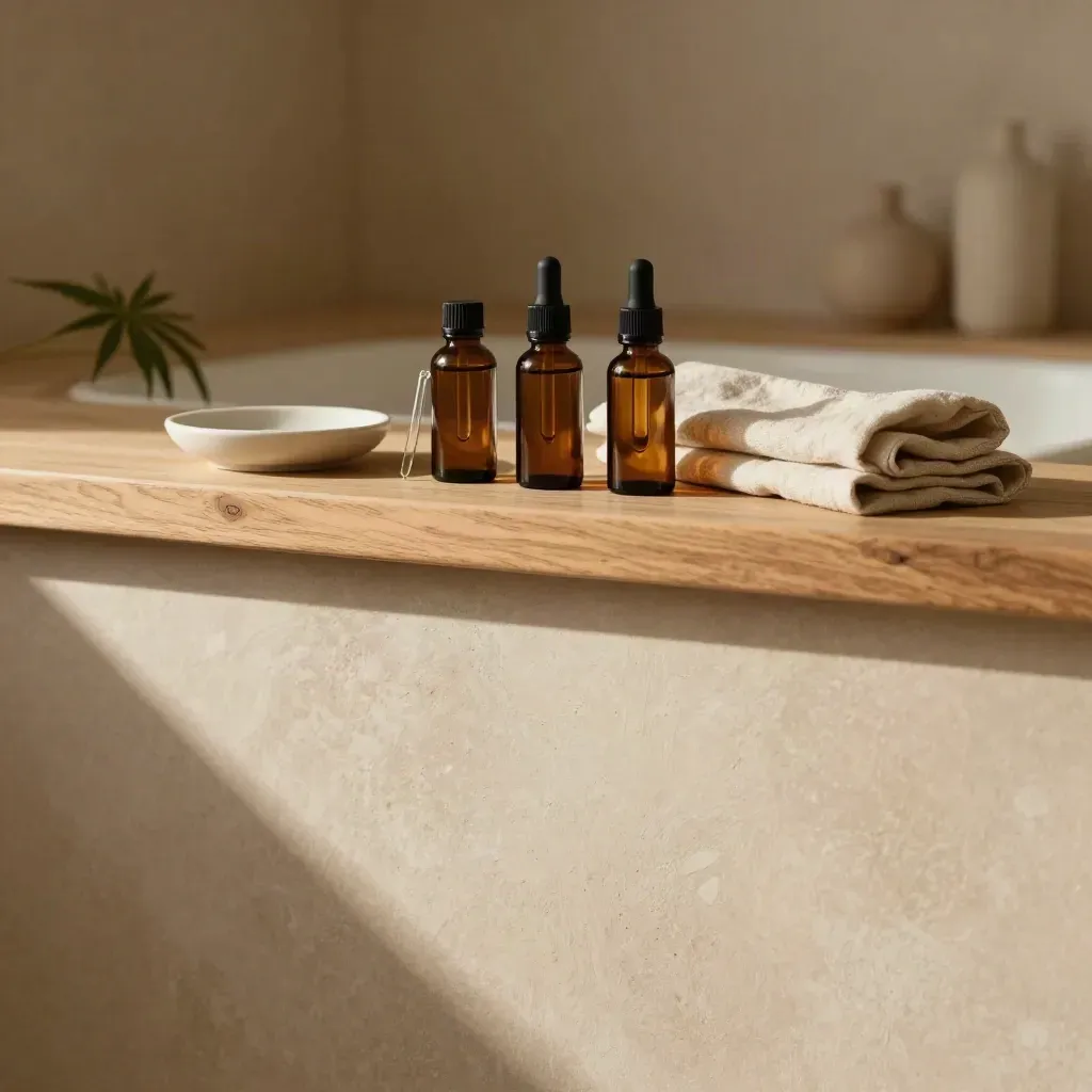 Amber CBD oil bottles on a sunlit oak ledge in a calm plaster-walled interior.