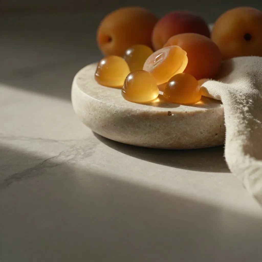 Marble surface with stone bowl, gummy domes, linen edge and blurred fruit tones in soft upper light.