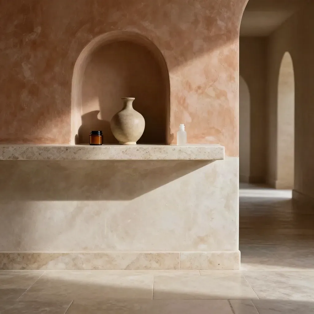 Stone corridor niche with ceramic apothecary vessel and topical bottle, calm open floor below