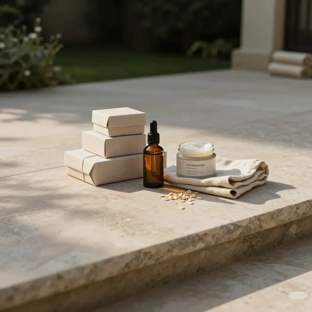 CBD wellness bundle on a stone terrace with boxes, tincture bottle, cloth, and garden haze.