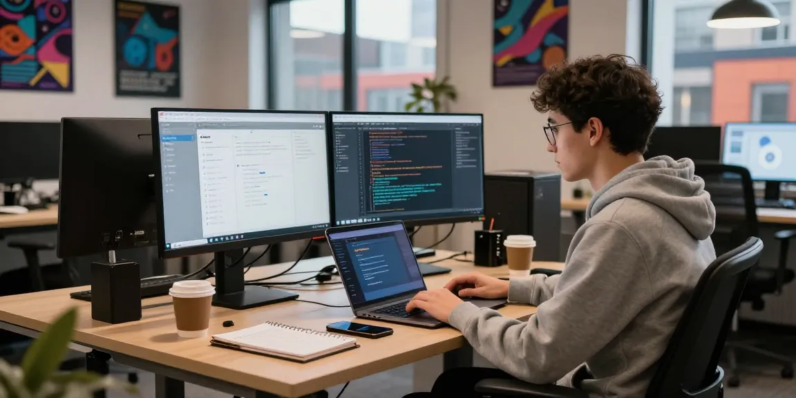 Focused workspace showing telegram中文版下载 in modern tech office setting with dual monitors and creative atmosphere.