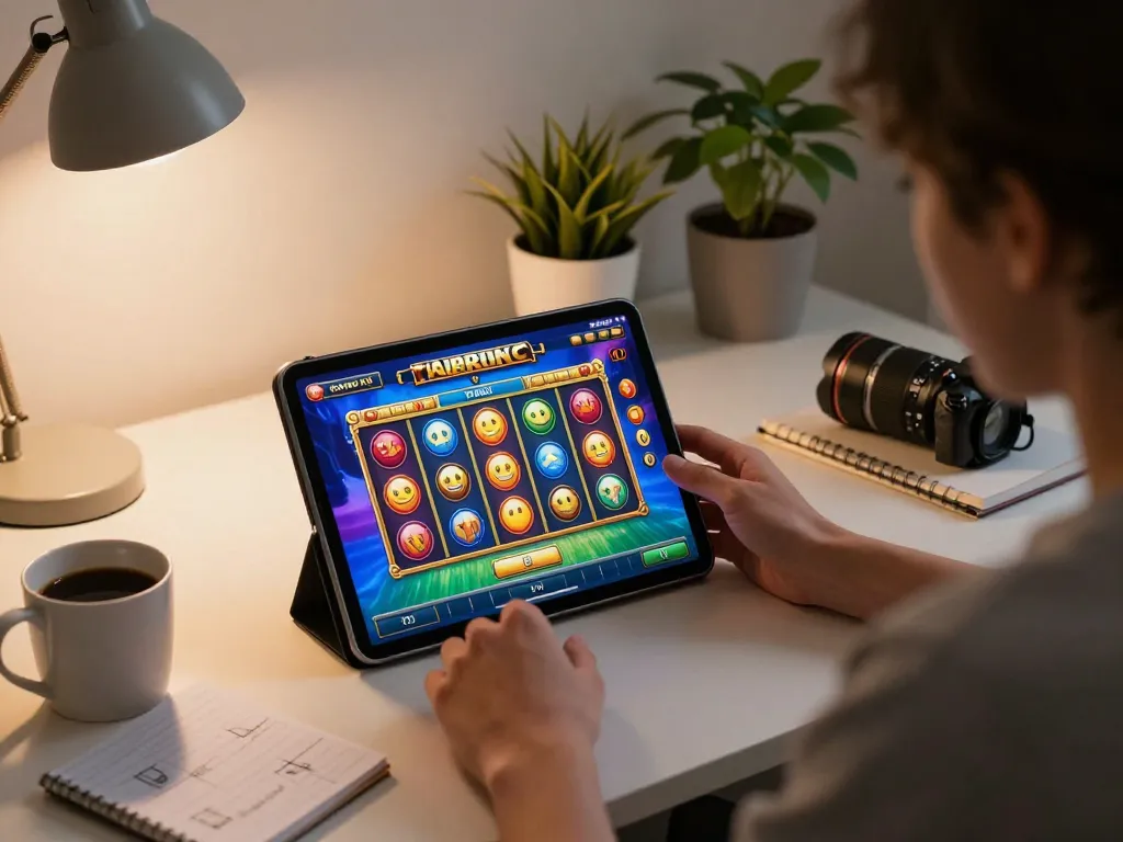 Enjoying a thrilling slot game on a tablet in a cozy home setting.