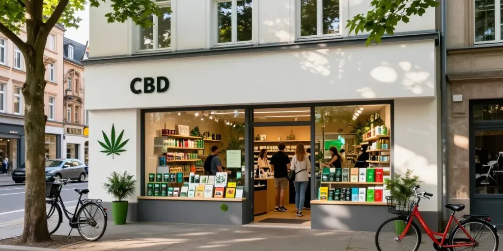 Engaging CBD shop in Bonn showcasing cannabis products in a vibrant street scene.