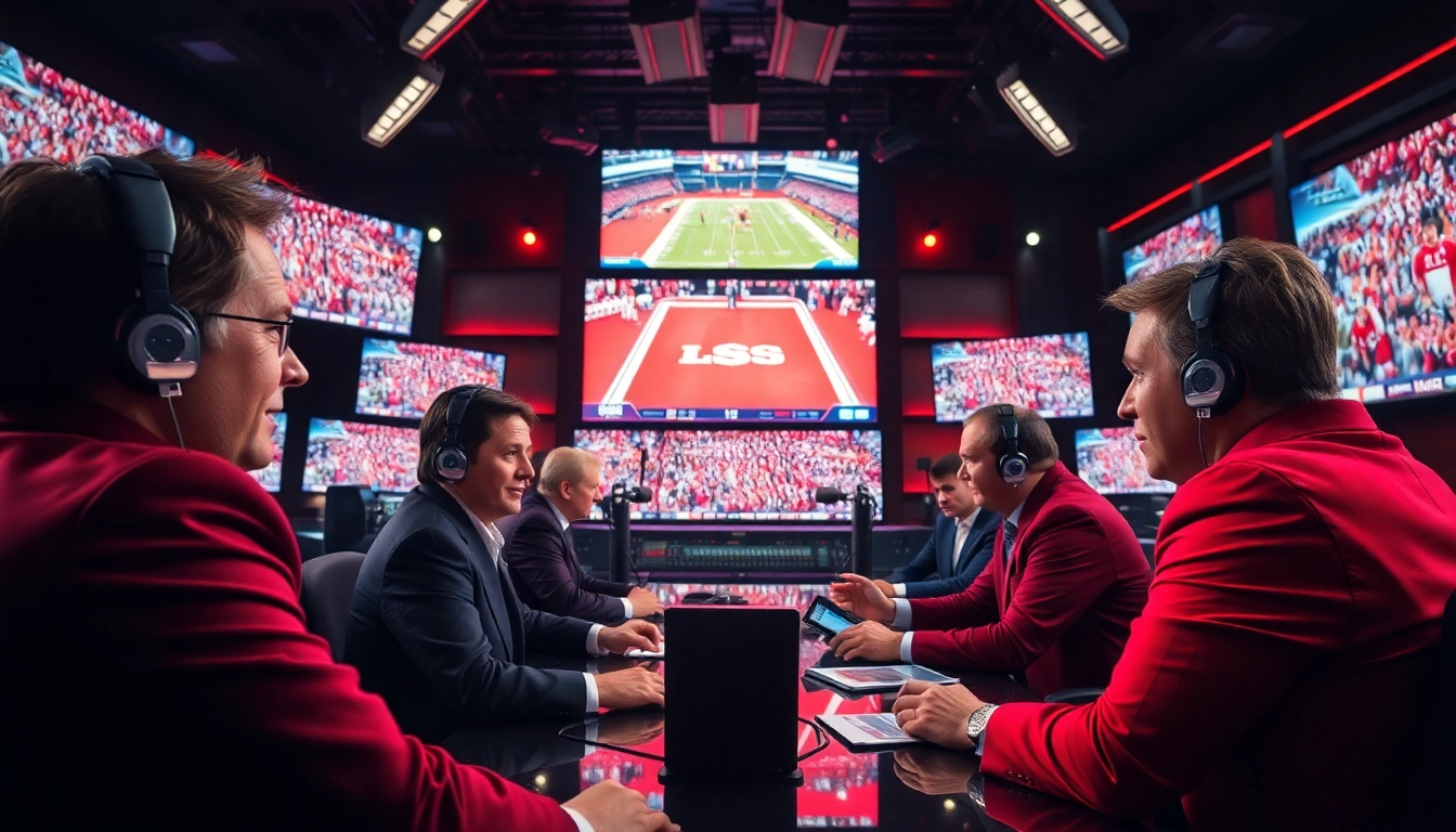 Engaging hosts in sports broadcasting studio discussing live events passionately.