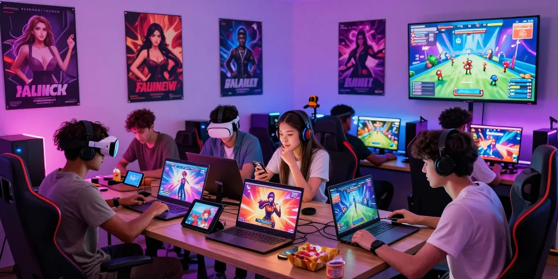 Engaged players in a vibrant gaming room enjoying free porn games on various devices, filled with gaming accessories.