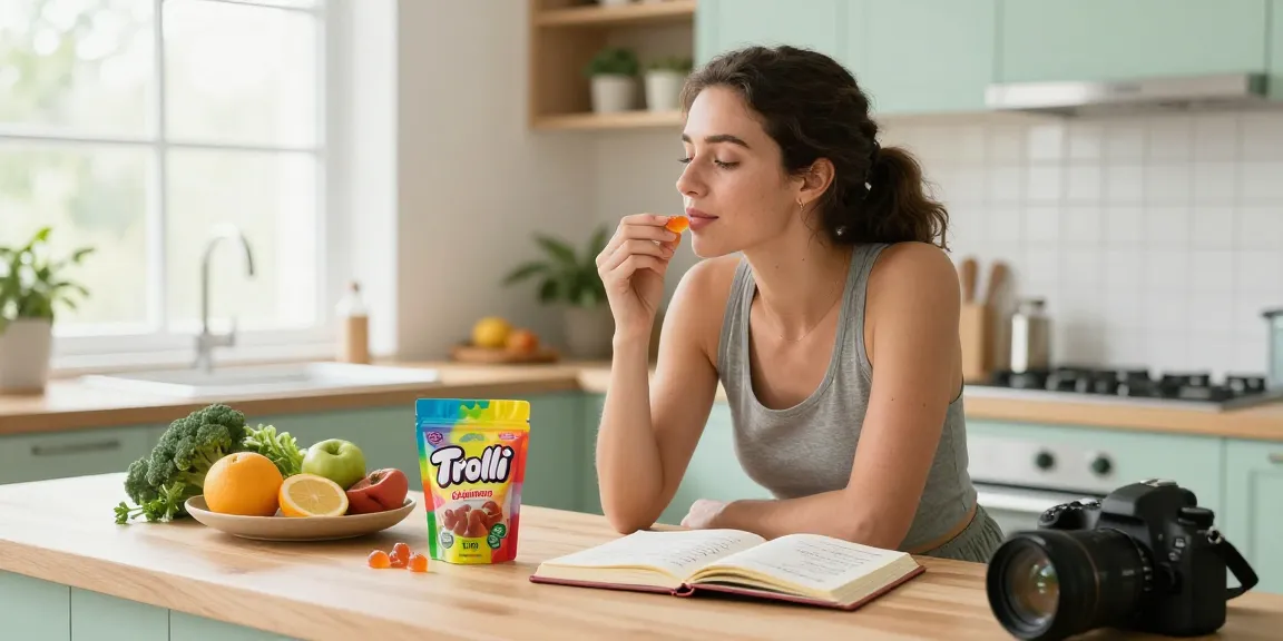 Trolli Originals THC gummy surrounded by organic fruits and wellness products in a bright kitchen.