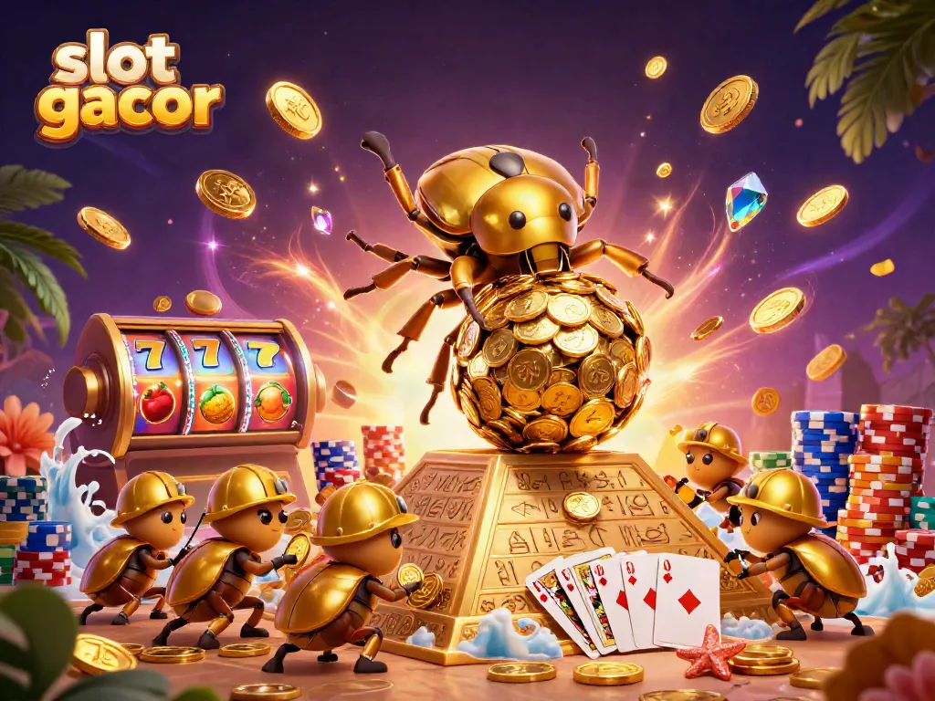 Experience the excitement of slot gacor with a vibrant illustration of a golden beetle rolling coins against a casino-themed backdrop.