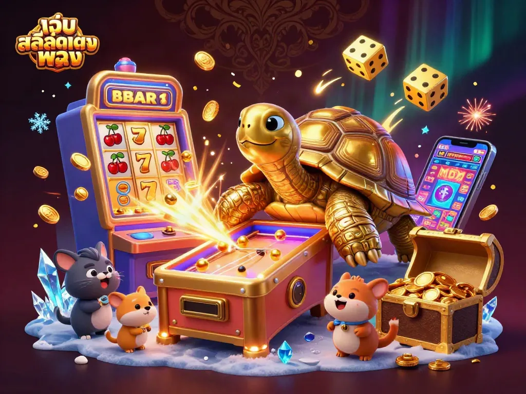 ภาพวาด 3D ของเว็บสล็อตตรง แสดงการเล่นเกมสล็อตที่สนุกสนาน มีสัตว์ตัวน้อยรอเล่น