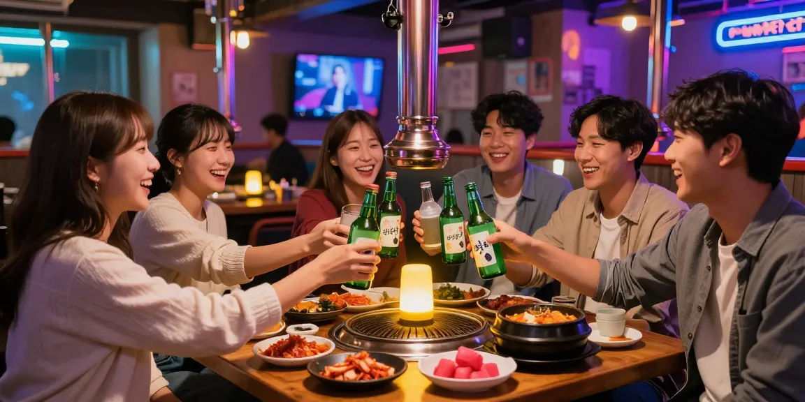 Friends enjoying 상봉동 한국관나이트 at a vibrant bar, clinking glasses filled with soju amid welcoming neon lights and Korean BBQ dishes.